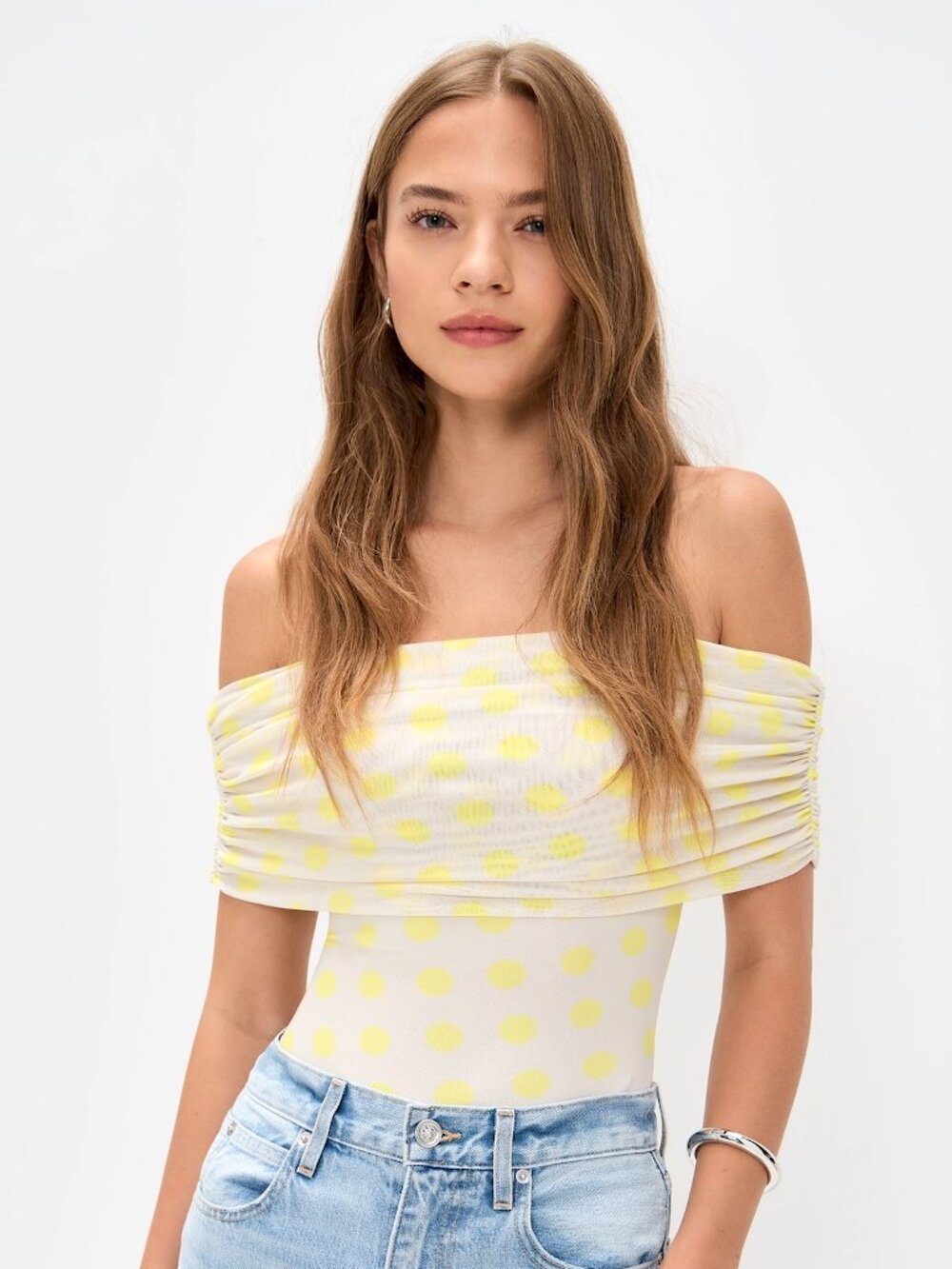 AFRM Divya Off-The-Shoulder Mesh Thong Bodysuit Sun Dot Yellow NWT Small